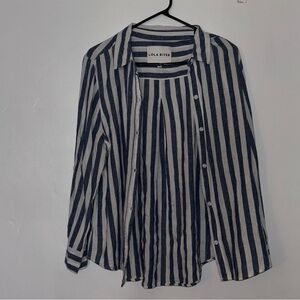 Lola River Linen Navy White Striped Button Down Shirt